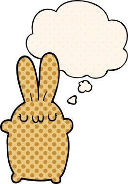 Çizgi roman tarzında bir insan tarafından çizilmiş düşünce kabarcığı olan çizgi film tavşanı.