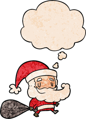 Bir insan tarafından çizilmiş grunge desenli düşünce baloncuklu Noel Baba çizgi filmi.