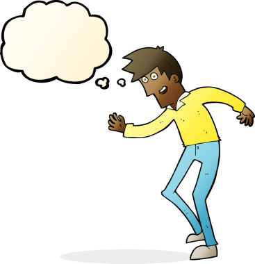 Bir insan tarafından çizilmiş düşünce baloncuğuyla dans eden mutlu adam çizgi filmi.