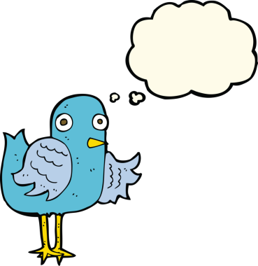 Bir insan tarafından çizilmiş düşünce baloncuğuyla kanat sallayan çizgi film kuşu.