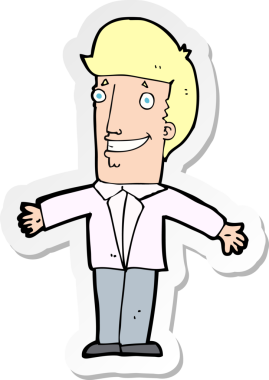 Bir insan tarafından çizilmiş kolları açık sırıtan bir çizgi film karakterinin çıkartması.