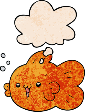 Bir insan tarafından çizilmiş grunge desenli düşünce baloncuklu çizgi film balığı.