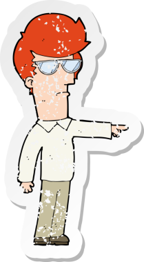 İnsan tarafından çizilmiş gözlüklü bir çizgi film karakterinin gerilimli retro yapıştırması.