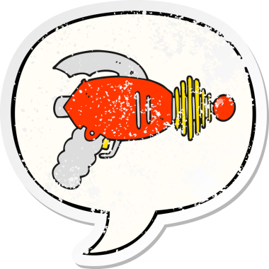 Konuşma balonlu karikatür ışın tabancası bir insan tarafından çizilmiş sıkıntılı eski bir çıkartma
