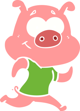 Bir insan tarafından çizilmiş mutlu düz renkli çizgi film domuz.