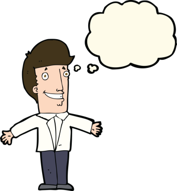 Bir insan tarafından çizilmiş düşünce baloncuğuyla kollarını açmış sırıtan çizgi film adamı.