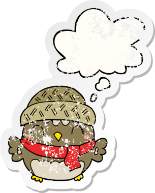 Düşünce baloncuklu şapkalı sevimli baykuş, bir insan tarafından çizilmiş yıpranmış bir çıkartma.