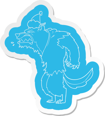 Kızgın kurt adam, insan tarafından çizilmiş Noel Baba şapkasının garip bir karikatürü.