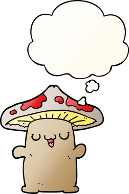 Düşünce baloncuğu olan, bir insan tarafından çizilmiş karikatür mantarı yaratık.