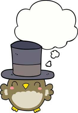 Bir insan tarafından çizilmiş düşünce baloncuklu silindir şapka giyen bir baykuş.