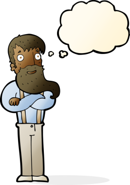 Bir insan tarafından çizilmiş düşünce balonlu sakallı hippi adam.