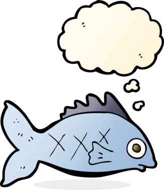 Bir insan tarafından çizilmiş düşünce baloncuklu çizgi film balığı.