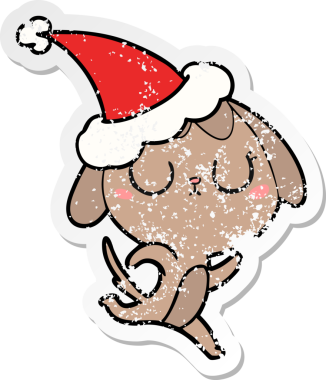 Bir insan tarafından çizilmiş Noel Baba şapkası takan bir köpeğin üzgün çıkartması çizilmiş şirin bir el.