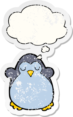 Düşünce baloncuğu olan karikatür pengueni insan tarafından çizilmiş yıpranmış bir çıkartma.