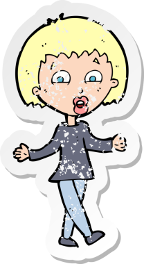 Bir insan tarafından çizilmiş omuzlarını silken karikatürlü bir kadının gerilmiş çıkartması.