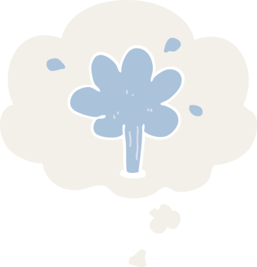 Düşünce baloncuğuyla su fışkırtan çizgi film insan tarafından çizilmiş.