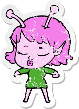 Bir insan tarafından çizilmiş sevimli bir uzaylı kız çizgi filminin sıkıntılı çıkartması.