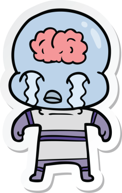 Bir çizgi film çıkartması. Bir insan tarafından çizilmiş büyük beyinli uzaylı ağlaması.