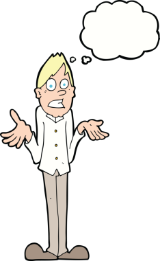 Bir insan tarafından çizilmiş düşünce baloncuğuyla omuzlarını silkeleyen çizgi film adamı.