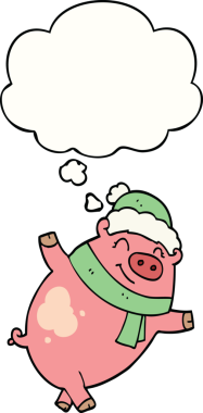 Bir insan tarafından çizilmiş düşünce balonlu Noel şapkası takan bir domuz.