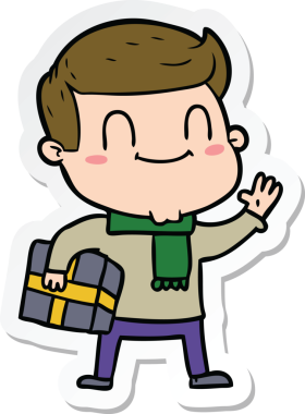 Bir insan tarafından çizilmiş Noel hediyesi olan karikatür dostu bir adamın çıkartması.