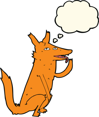 Bir insan tarafından çizilmiş düşünce baloncuğuyla pençelerini yalayan tilki.