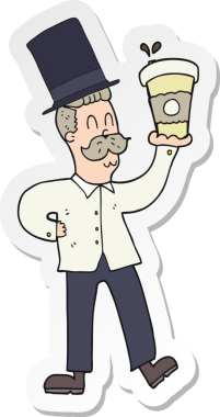 Bir insan tarafından çizilmiş kahve fincanı olan karikatürcü adamın çıkartması.