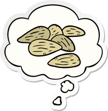 Düşünce baloncuklu çizgi film bademleri insan tarafından çizilmiş bir çıkartma gibi.