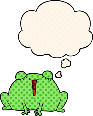 Bir insan tarafından çizilmiş çizgi roman tarzında düşünce baloncuğu olan şirin bir kurbağa.