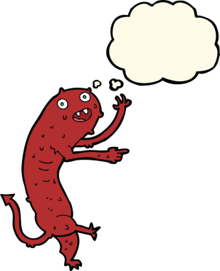 Düşünce baloncuğu insan tarafından çizilmiş küçük iğrenç bir canavar.