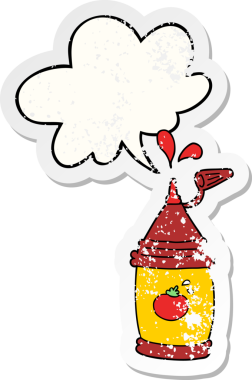 Konuşma balonlu ketçap şişesi bir insan tarafından çizilmiş sıkıntılı eski bir çıkartma.