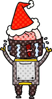 Bir insan tarafından çizilmiş Noel Baba şapkası takan ağlayan bir robotun el çizimi çizgi roman çizimi.