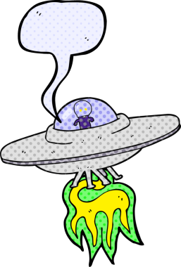 El yazısıyla çizilmiş çizgi roman konuşma balonu karikatürü bir insan tarafından çizilmiş uzaylı uçan dairesi.