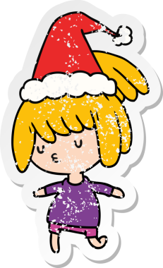 Bir insan tarafından çizilmiş Kawai kızının, sıkıntılı bir Noel çıkartması.