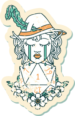 Retro Dövme Tarzı Ağlayan Elf Ozan Karakteri Bir insan tarafından çizilmiş doğal D20 rulo