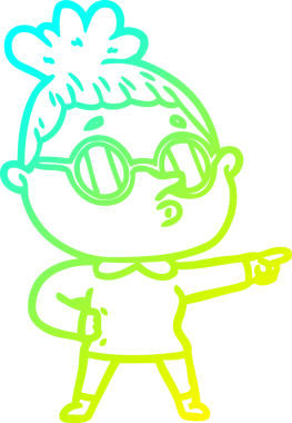 Bir insan tarafından çizilmiş gözlük takan çizgi film kadını çizimi.