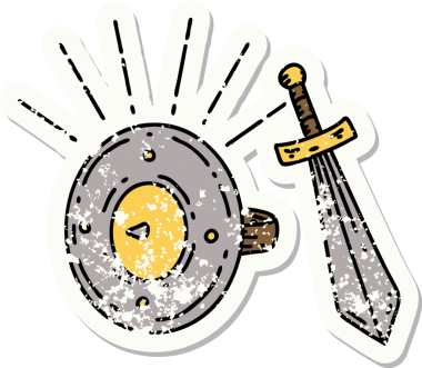 Dövme stili bir kalkanın eski bir çıkartması ve bir insan tarafından çizilmiş kılıç.