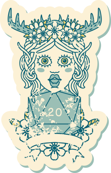 Retro Dövme Tarzı Elf Karakteri Bir insan tarafından çizilmiş doğal 20 zar ile