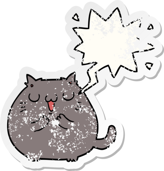 Konuşma balonlu mutlu çizgi film kedisi bir insan tarafından çizilmiş sıkıntılı eski bir çıkartma