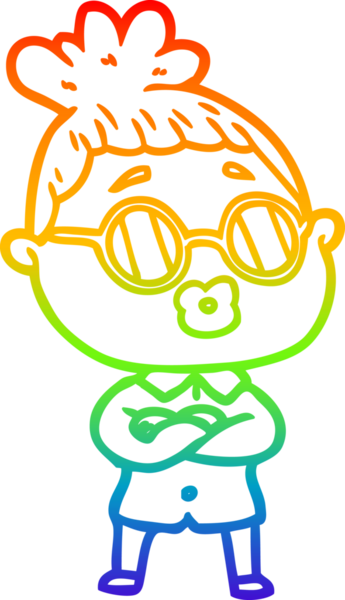 Bir insan tarafından çizilmiş gözlük takan bir karikatür kadının çizimi.