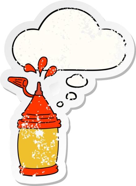 Düşünce baloncuklu ketçap şişesi insan tarafından çizilmiş yıpranmış bir çıkartma.