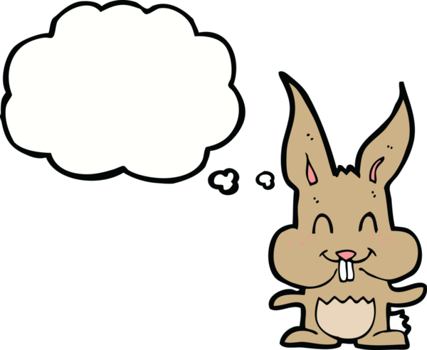 Bir insan tarafından çizilmiş düşünce kabarcığı olan çizgi film tavşanı.