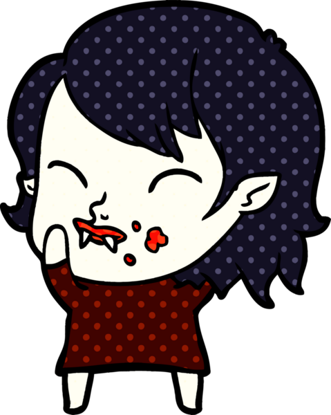 Bir insan tarafından çizilmiş yanağında kan olan vampir kız çizgi filmi.