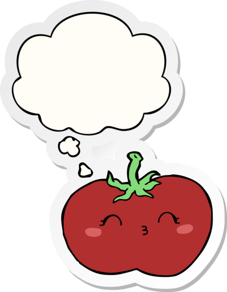 Düşünce baloncuklu çizgi film domatesi insan tarafından çizilmiş bir çıkartma.