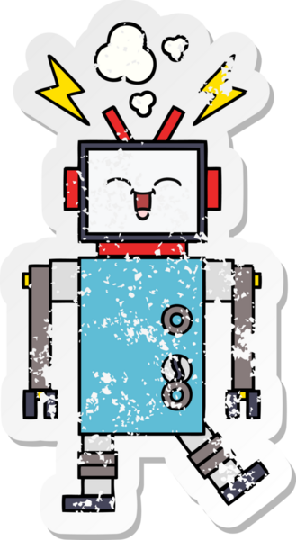 Bir insan tarafından çizilmiş sevimli bir robot çizgi film çıkartması.