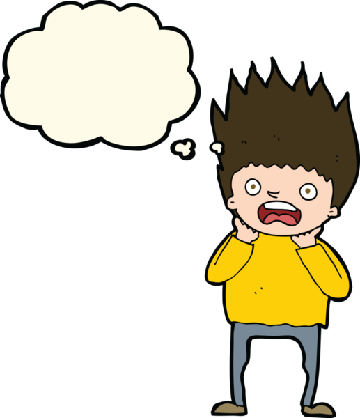 Bir insan tarafından çizilen düşünce baloncuğuyla panikleyen çizgi film adamı.