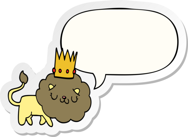 Bir insan tarafından çizilmiş konuşma kabarcığı etiketli, taçlı çizgi film aslanı.