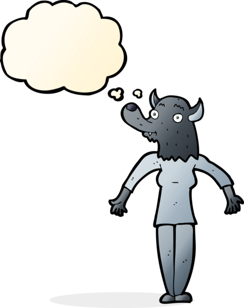 Bir insan tarafından çizilmiş düşünce balonu olan kurtadam kadın.