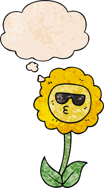 Bir insan tarafından çizilmiş grunge desenli düşünce baloncuğu olan karikatür çiçeği