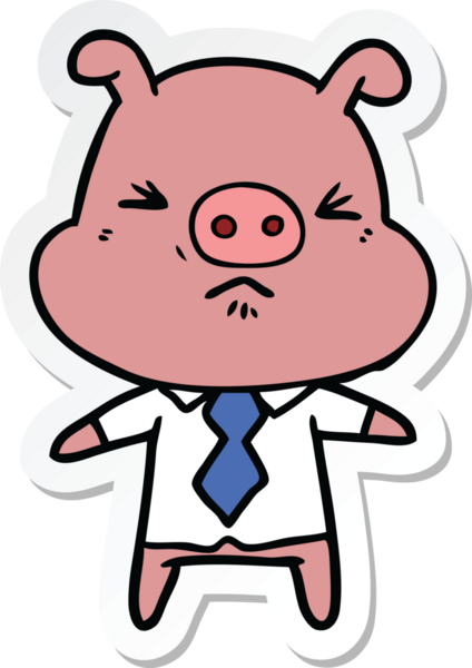 Bir insan tarafından çizilmiş tişörtlü ve kravatlı kızgın bir domuzun çıkartması.